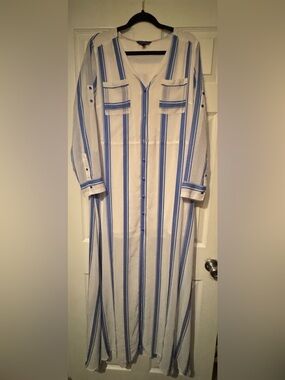 Express Womens Sz Large White and Blue Vertical Stripe Button-Down Shirt Dress